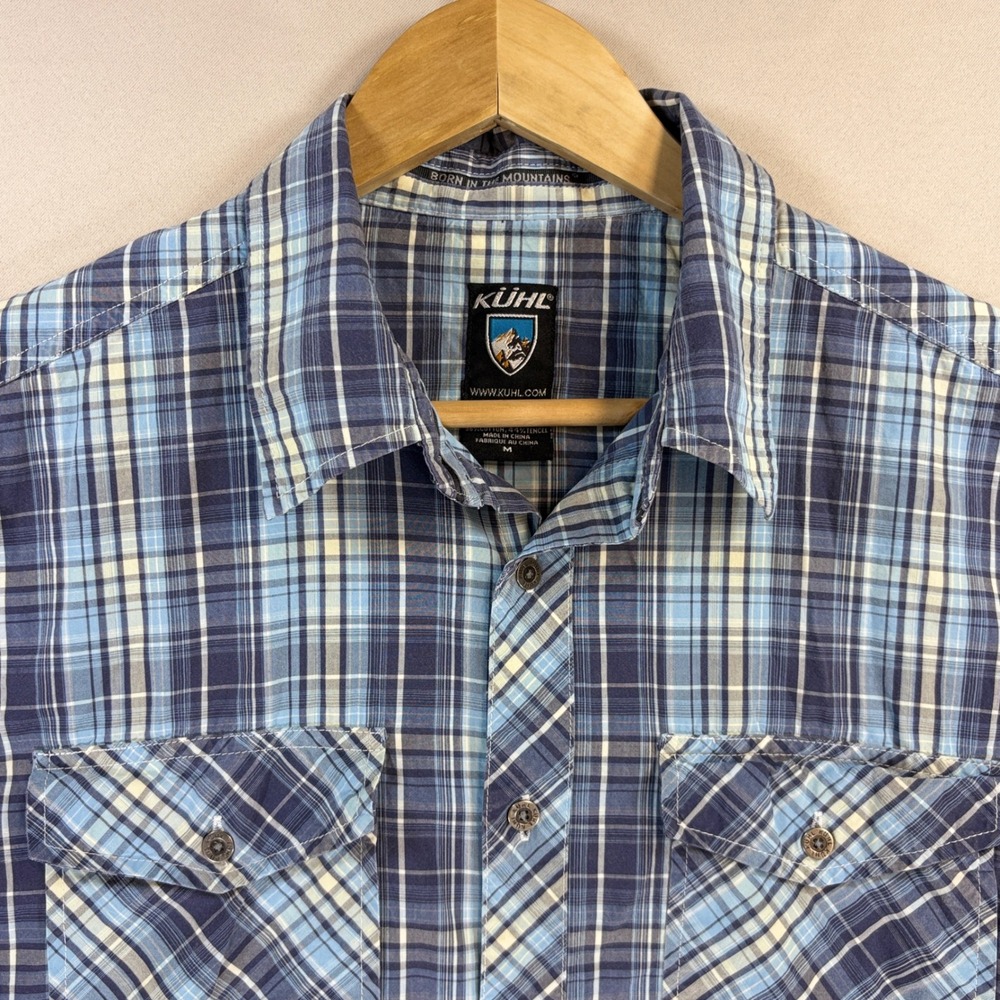 KUHL Shirt Mens Medium Blue Plaid SunCel Short Sleeve Hiking Outdoor Gorpcore